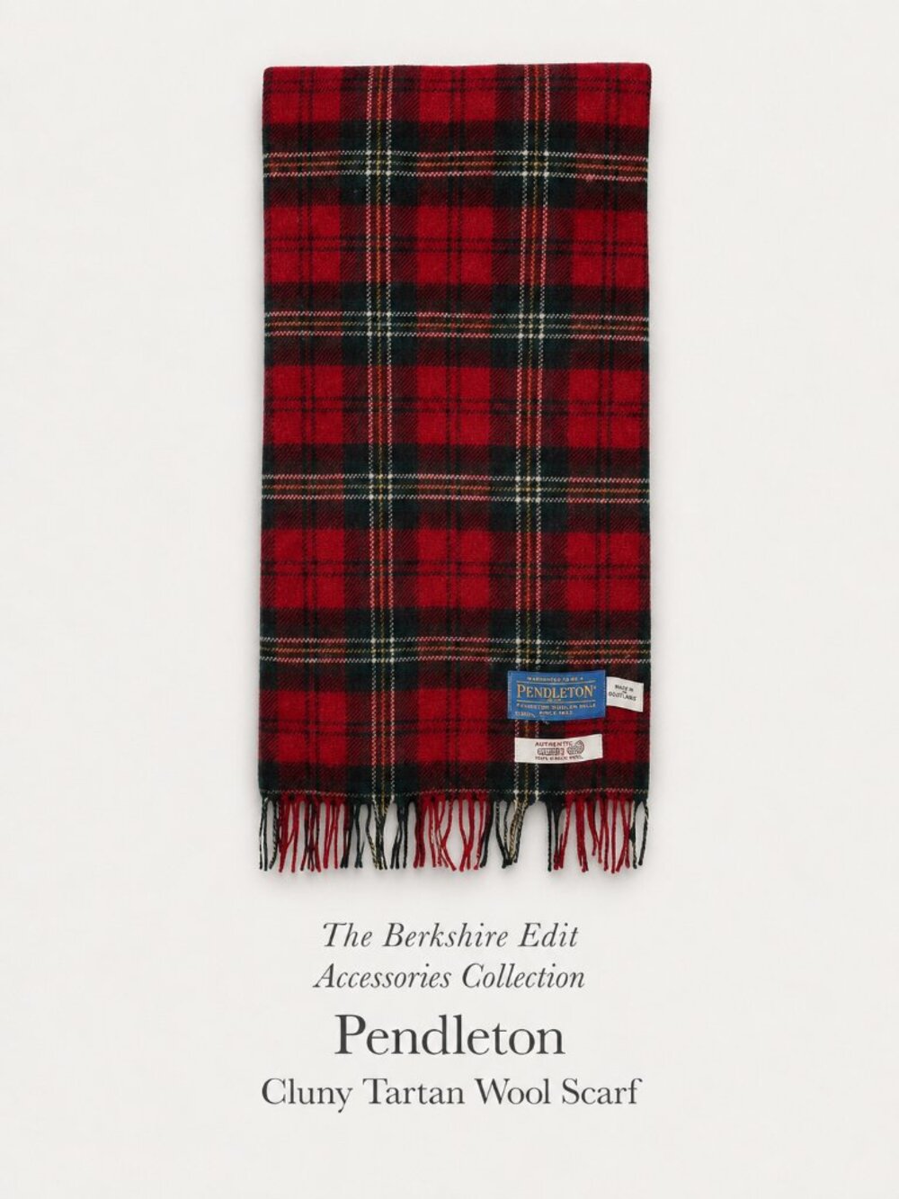Vintage Pendleton Cluny Red Tartan Plaid Virgin Wool Scarf USA Fringe